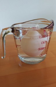 Egg floating in pyrex measuring cup